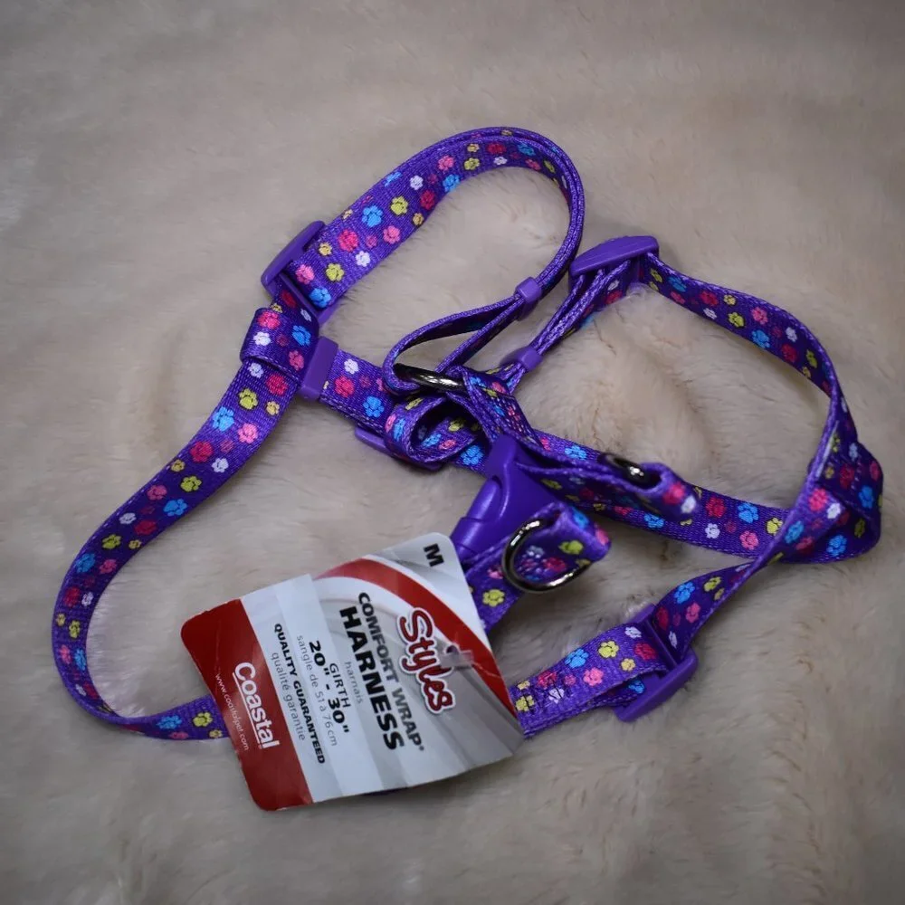 Purple Dog Harness Size Medium Paw Print Adjustable